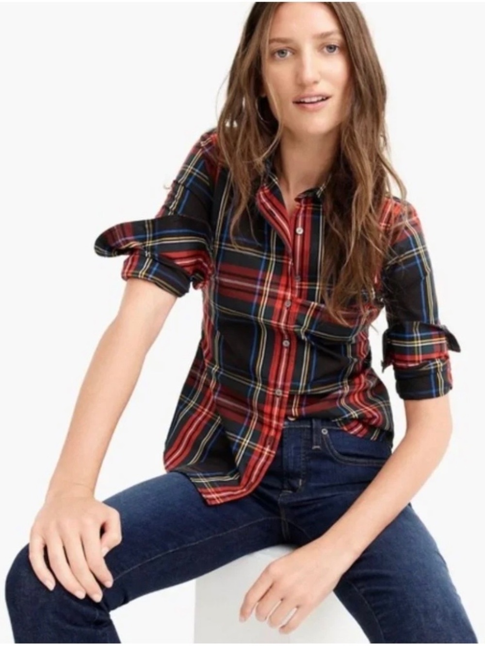 J, CREW Slim Stretch Perfect Shirt Sz 10 Black Stewart Tartan